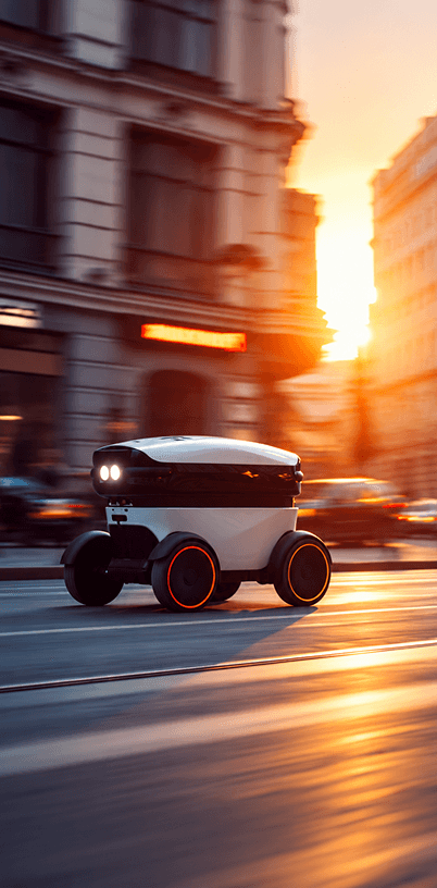 Autonomous delivery robot driving along a city street